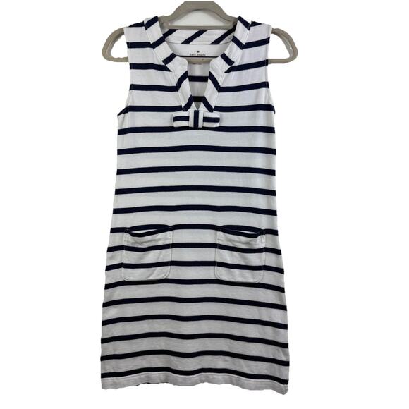 Kate Spade Tropez White Navy Striped Shift Dress Small Bow Pockets Coastal Beach - Picture 1 of 11